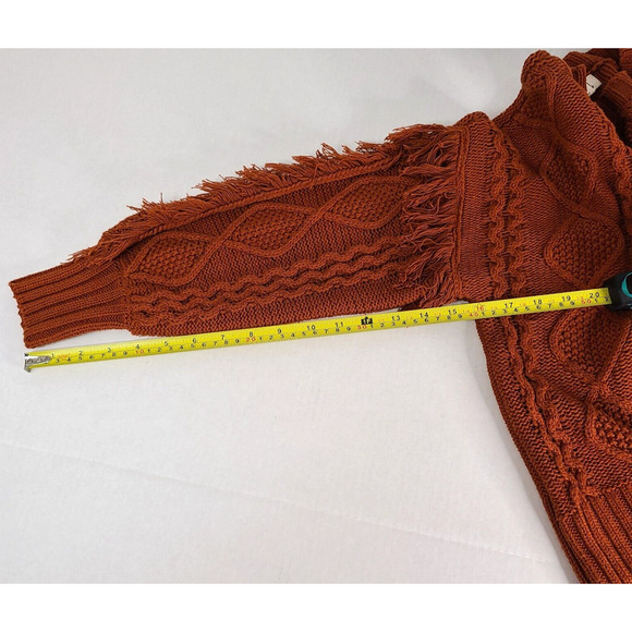 ANA Cable Knit Sweater Petite Small Bishop Sleeve Rust Orange Fringe Bohemian - Picture 13 of 13